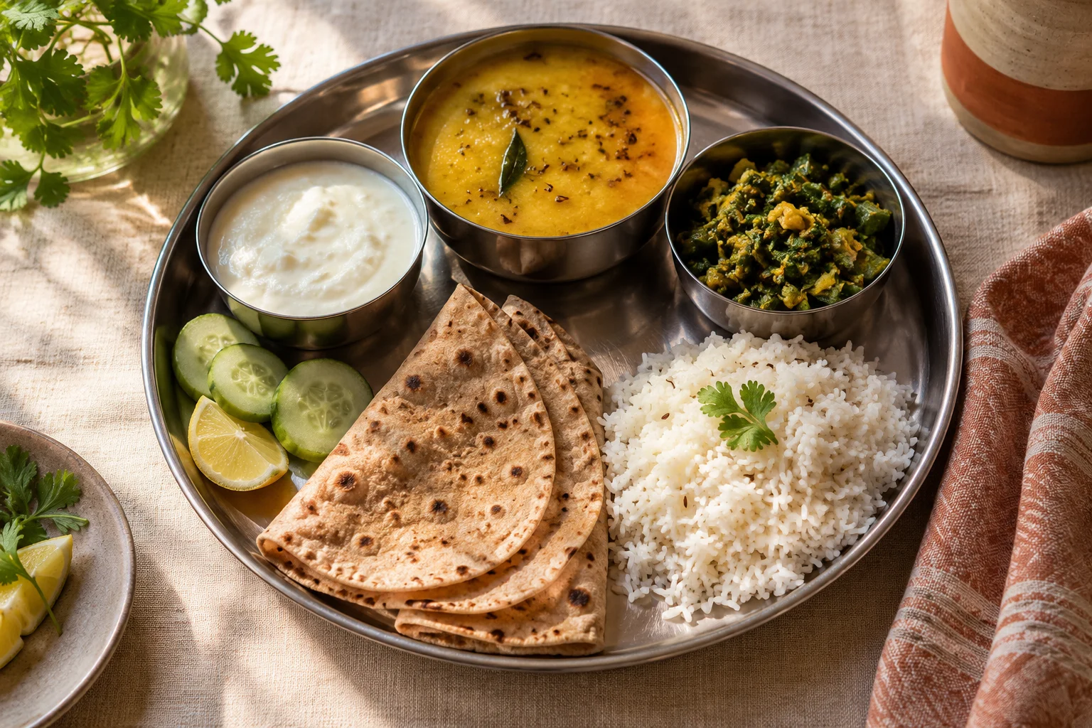 A home-style Indian thali with rotis, dal, rice, vegetables and curd